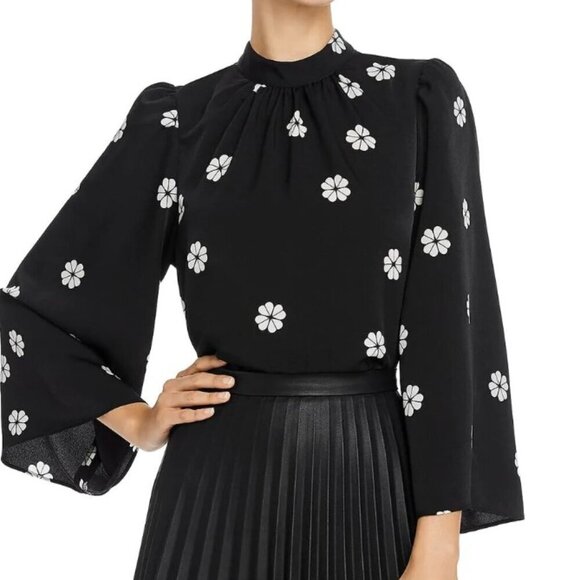 kate spade Tops - Kate Spade Blouse Womens Black Mock Neck Floral Puff Bell Sleeve Crepe Top